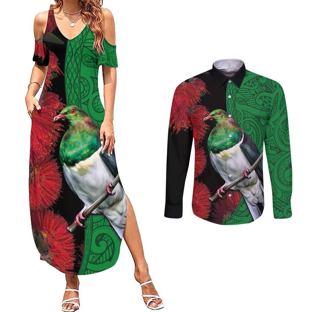 New Zealand Kereru And Pohutukawa Couples Matching Summer Maxi Dress and Long Sleeve Button Shirt Maori Tribal Tattoo LT03 Black - Polynesian Pride