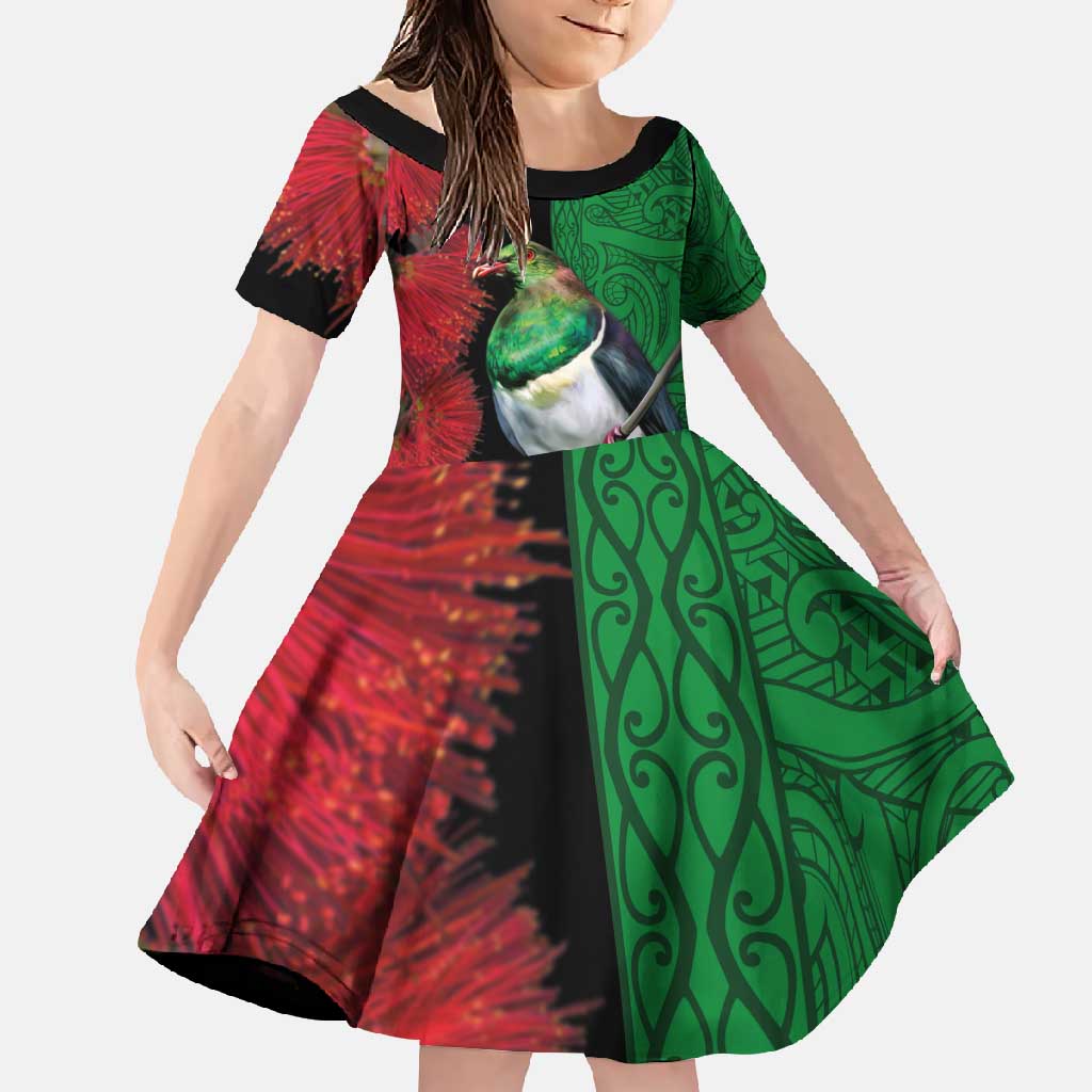 New Zealand Kereru And Pohutukawa Family Matching Long Sleeve Bodycon Dress and Hawaiian Shirt Maori Tribal Tattoo