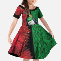 New Zealand Kereru And Pohutukawa Family Matching Mermaid Dress and Hawaiian Shirt Maori Tribal Tattoo LT03 Daughter's Dress Black - Polynesian Pride