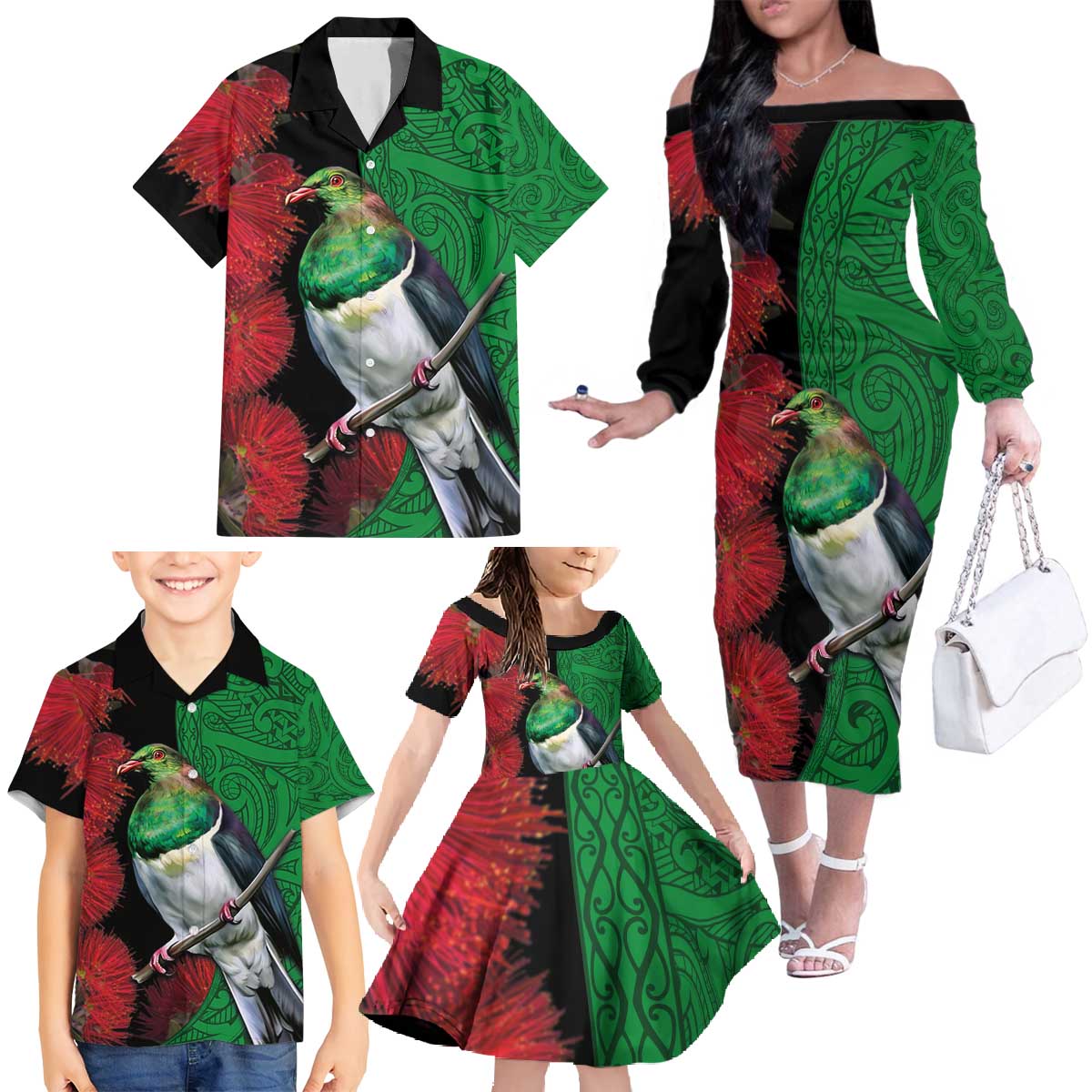 New Zealand Kereru And Pohutukawa Family Matching Off The Shoulder Long Sleeve Dress and Hawaiian Shirt Maori Tribal Tattoo LT03 - Polynesian Pride