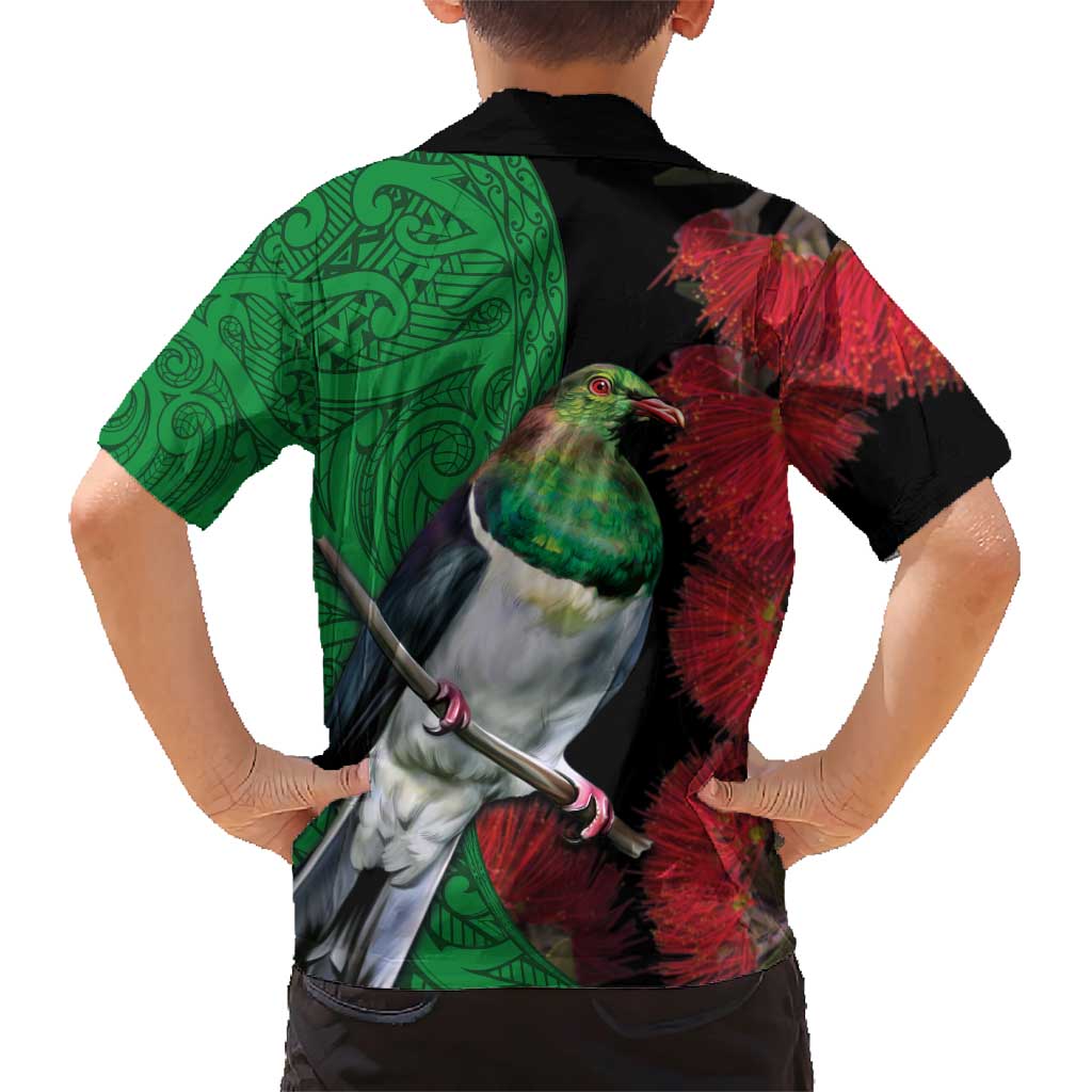 New Zealand Kereru And Pohutukawa Family Matching Short Sleeve Bodycon Dress and Hawaiian Shirt Maori Tribal Tattoo LT03 - Polynesian Pride
