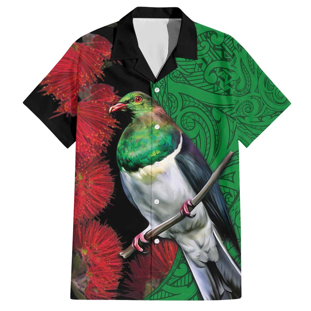 New Zealand Kereru And Pohutukawa Family Matching Short Sleeve Bodycon Dress and Hawaiian Shirt Maori Tribal Tattoo LT03 Dad's Shirt - Short Sleeve Black - Polynesian Pride