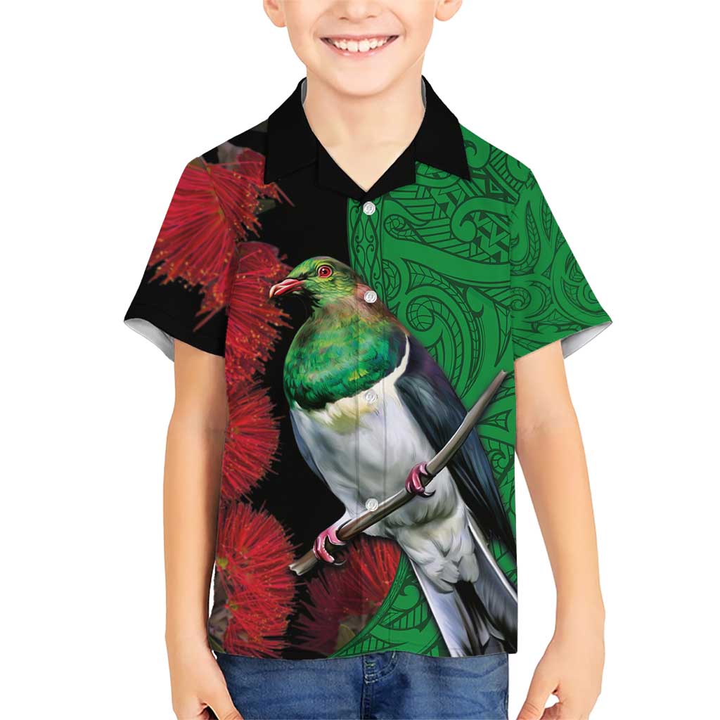 New Zealand Kereru And Pohutukawa Family Matching Short Sleeve Bodycon Dress and Hawaiian Shirt Maori Tribal Tattoo LT03 Son's Shirt Black - Polynesian Pride
