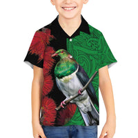 New Zealand Kereru And Pohutukawa Family Matching Short Sleeve Bodycon Dress and Hawaiian Shirt Maori Tribal Tattoo LT03 Son's Shirt Black - Polynesian Pride