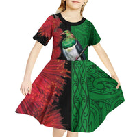 New Zealand Kereru And Pohutukawa Kid Short Sleeve Dress Maori Tribal Tattoo