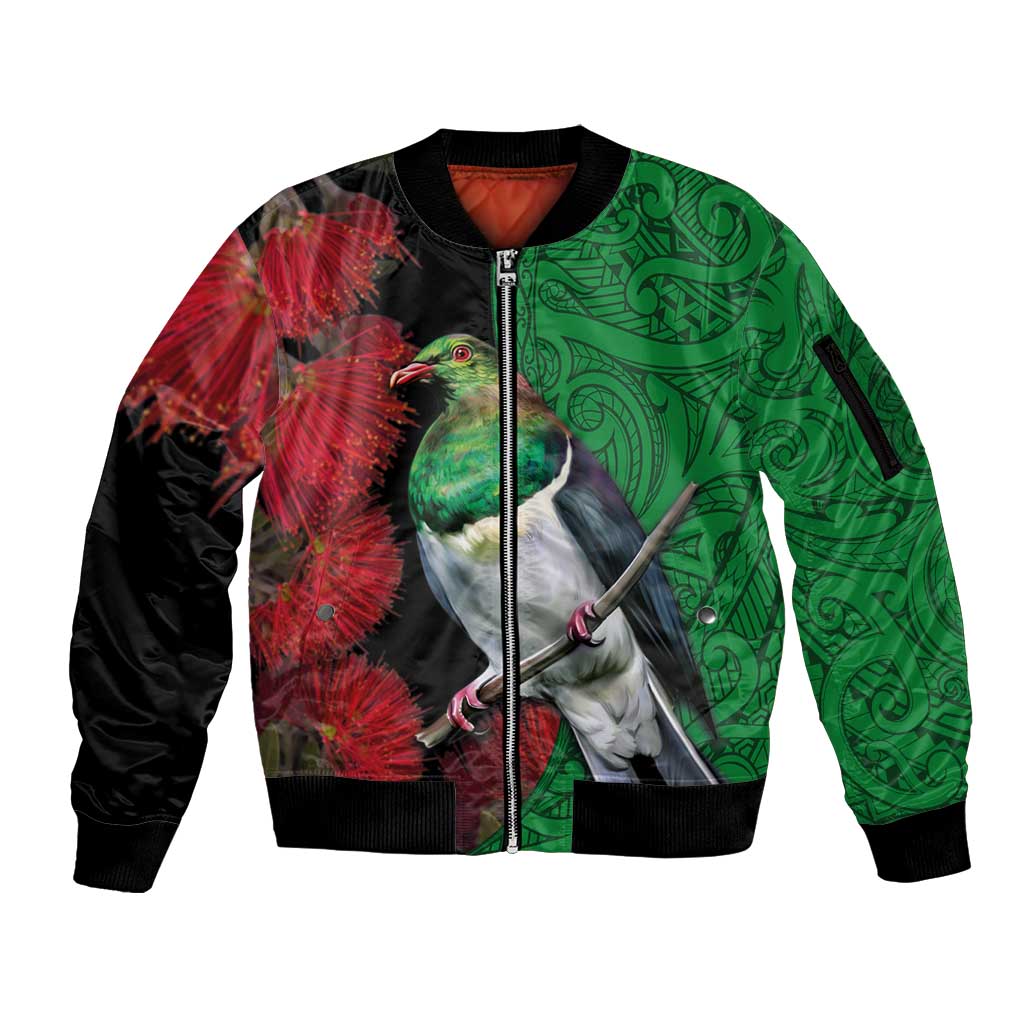 New Zealand Kereru And Pohutukawa Sleeve Zip Bomber Jacket Maori Tribal Tattoo LT03 Unisex Black - Polynesian Pride
