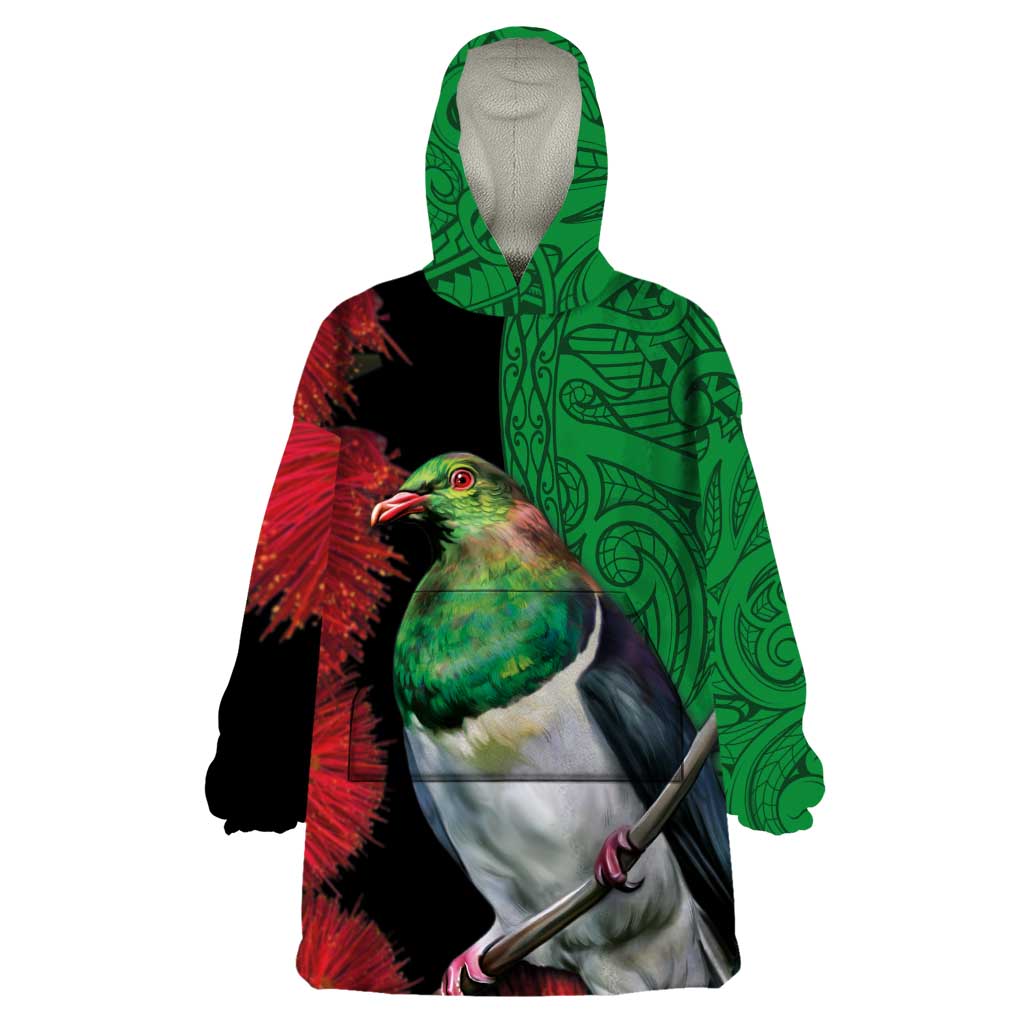 New Zealand Kereru And Pohutukawa Wearable Blanket Hoodie Maori Tribal Tattoo LT03 One Size Black - Polynesian Pride