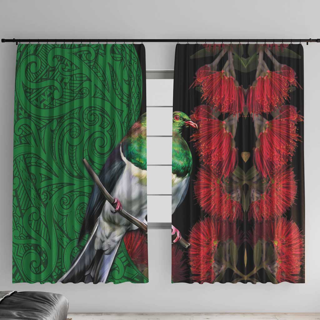 New Zealand Kereru And Pohutukawa Window Curtain Maori Tribal Tattoo LT03 With Hooks Black - Polynesian Pride