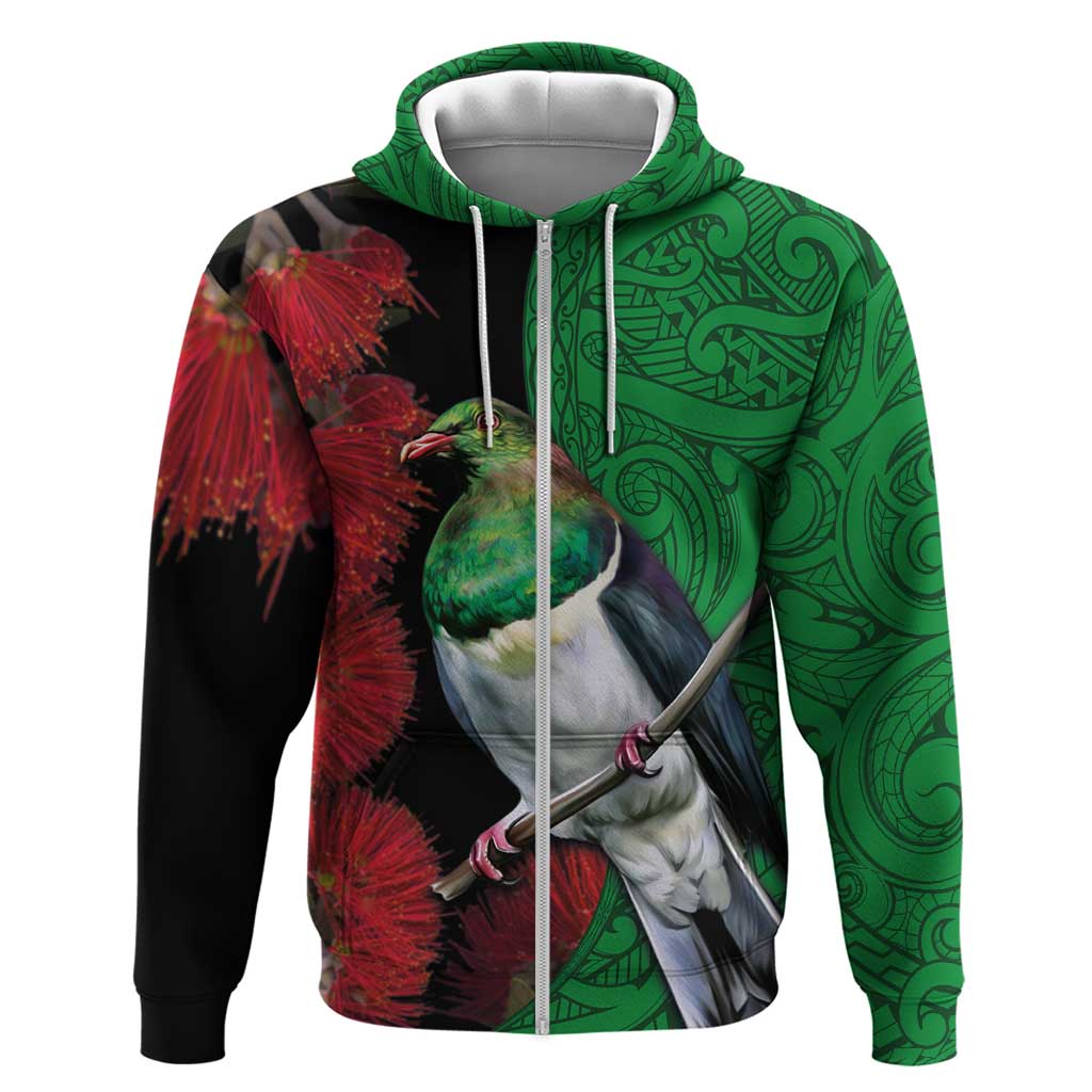 New Zealand Kereru And Pohutukawa Zip Hoodie Maori Tribal Tattoo LT03 Zip Hoodie Black - Polynesian Pride