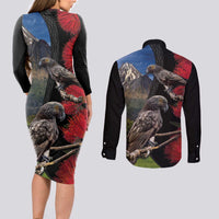 New Zealand Kea And Pohutukawa Couples Matching Long Sleeve Bodycon Dress and Long Sleeve Button Shirt With The Mountain Landscape