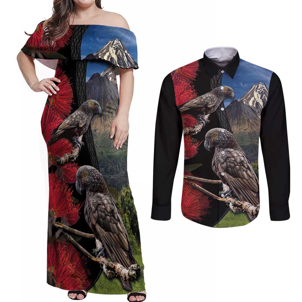 New Zealand Kea And Pohutukawa Couples Matching Off Shoulder Maxi Dress and Long Sleeve Button Shirt With The Mountain Landscape
