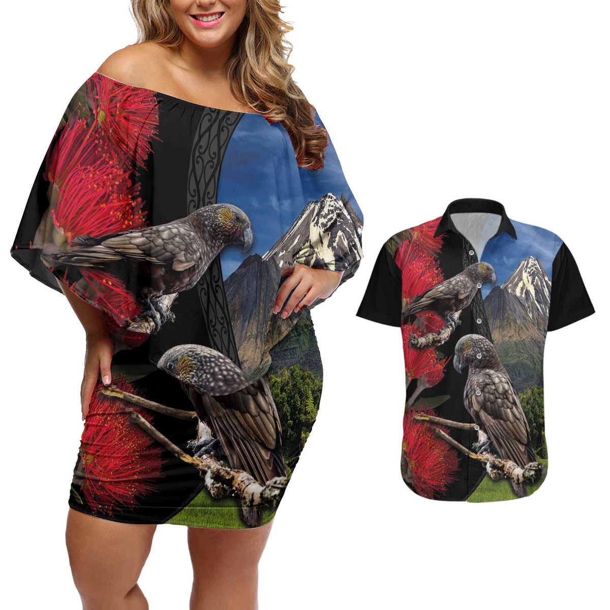 New Zealand Kea And Pohutukawa Couples Matching Off Shoulder Short Dress and Hawaiian Shirt With The Mountain Landscape