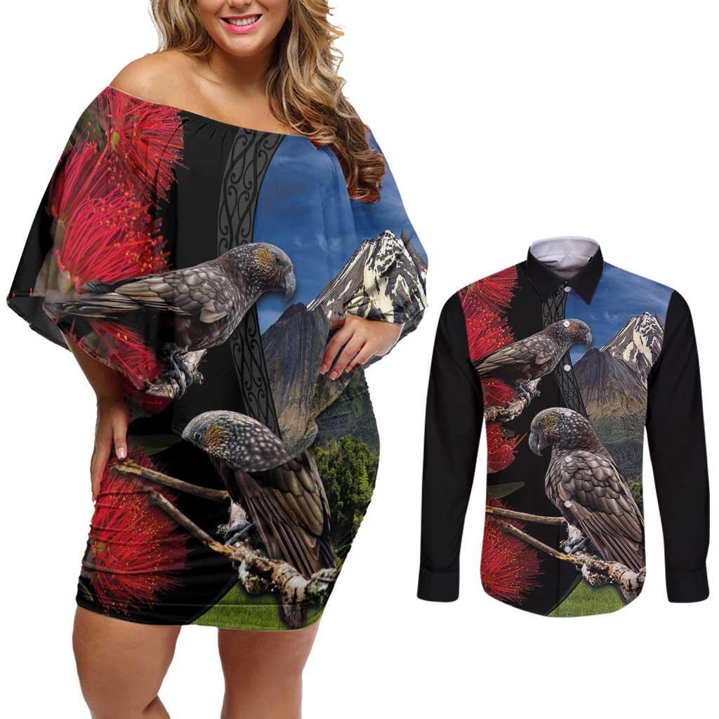 New Zealand Kea And Pohutukawa Couples Matching Off Shoulder Short Dress and Long Sleeve Button Shirt With The Mountain Landscape
