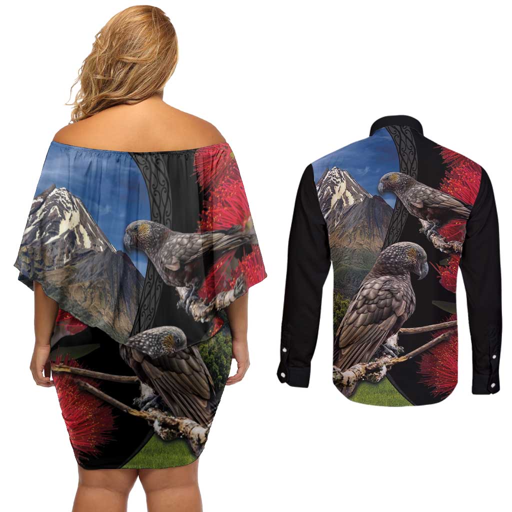 New Zealand Kea And Pohutukawa Couples Matching Off Shoulder Short Dress and Long Sleeve Button Shirt With The Mountain Landscape