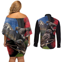 New Zealand Kea And Pohutukawa Couples Matching Off Shoulder Short Dress and Long Sleeve Button Shirt With The Mountain Landscape