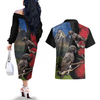 New Zealand Kea And Pohutukawa Couples Matching Off The Shoulder Long Sleeve Dress and Hawaiian Shirt With The Mountain Landscape