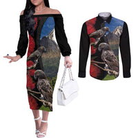 New Zealand Kea And Pohutukawa Couples Matching Off The Shoulder Long Sleeve Dress and Long Sleeve Button Shirt With The Mountain Landscape