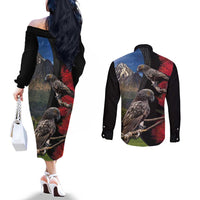 New Zealand Kea And Pohutukawa Couples Matching Off The Shoulder Long Sleeve Dress and Long Sleeve Button Shirt With The Mountain Landscape