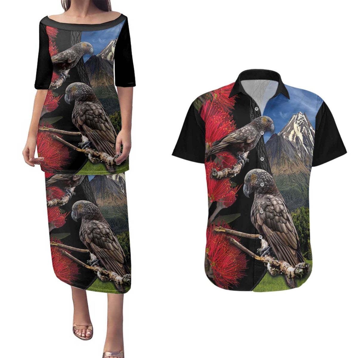 New Zealand Kea And Pohutukawa Couples Matching Puletasi and Hawaiian Shirt With The Mountain Landscape