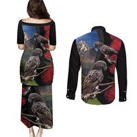 New Zealand Kea And Pohutukawa Couples Matching Puletasi and Long Sleeve Button Shirt With The Mountain Landscape