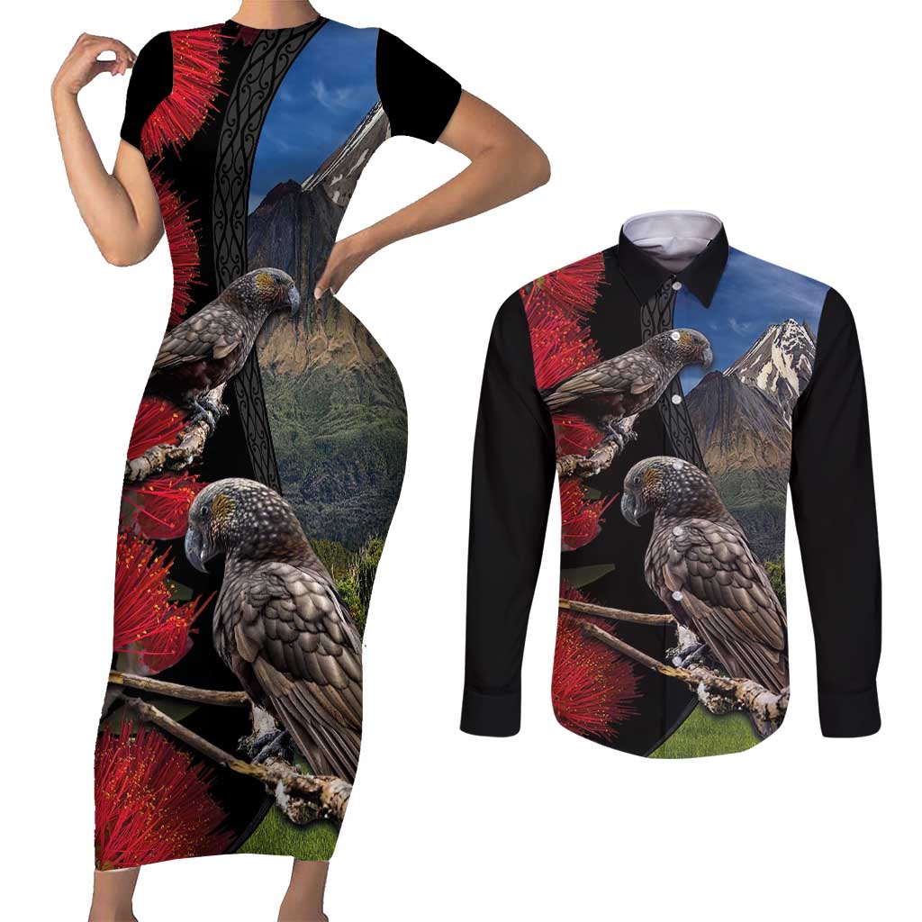 New Zealand Kea And Pohutukawa Couples Matching Short Sleeve Bodycon Dress and Long Sleeve Button Shirt With The Mountain Landscape