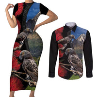 New Zealand Kea And Pohutukawa Couples Matching Short Sleeve Bodycon Dress and Long Sleeve Button Shirt With The Mountain Landscape