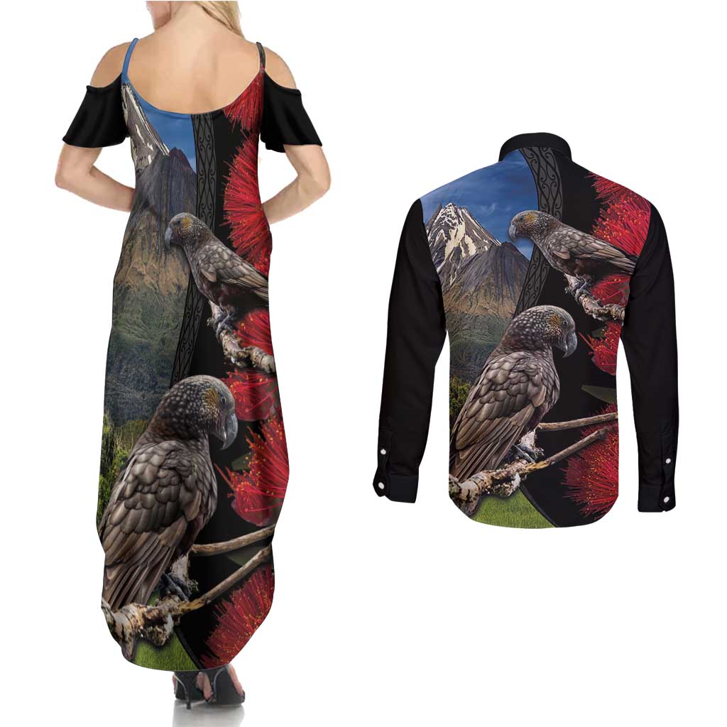 New Zealand Kea And Pohutukawa Couples Matching Summer Maxi Dress and Long Sleeve Button Shirt With The Mountain Landscape