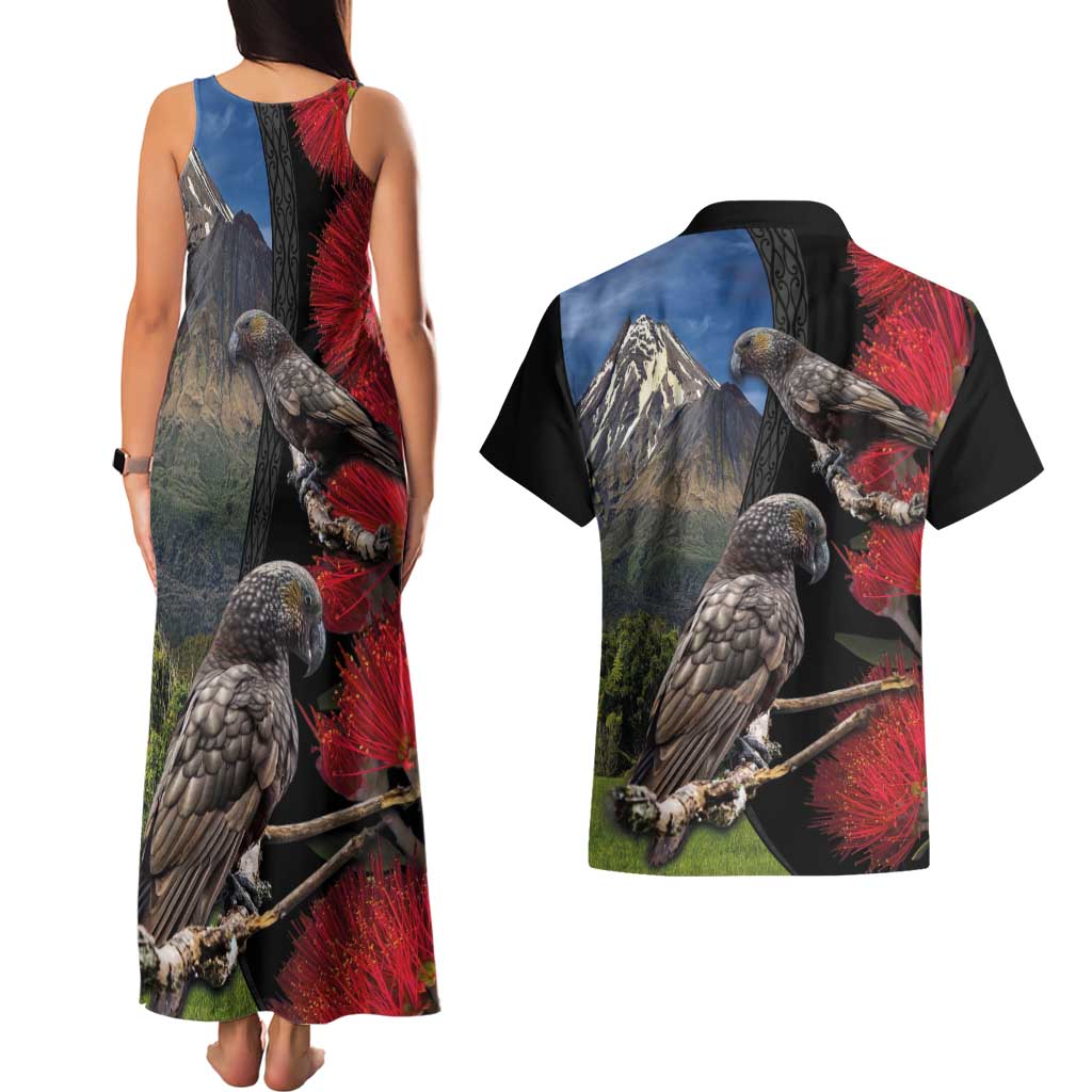 New Zealand Kea And Pohutukawa Couples Matching Tank Maxi Dress and Hawaiian Shirt With The Mountain Landscape