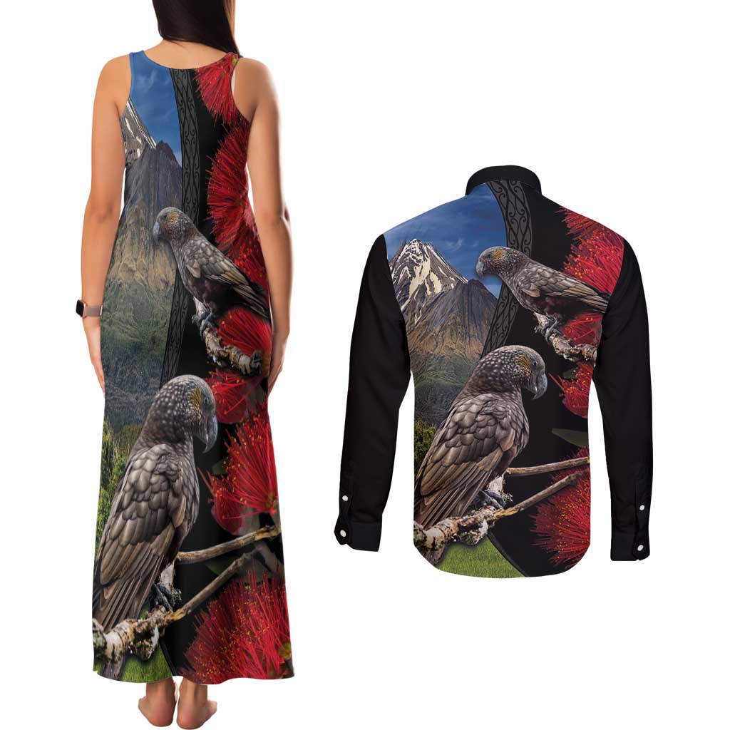New Zealand Kea And Pohutukawa Couples Matching Tank Maxi Dress and Long Sleeve Button Shirt With The Mountain Landscape