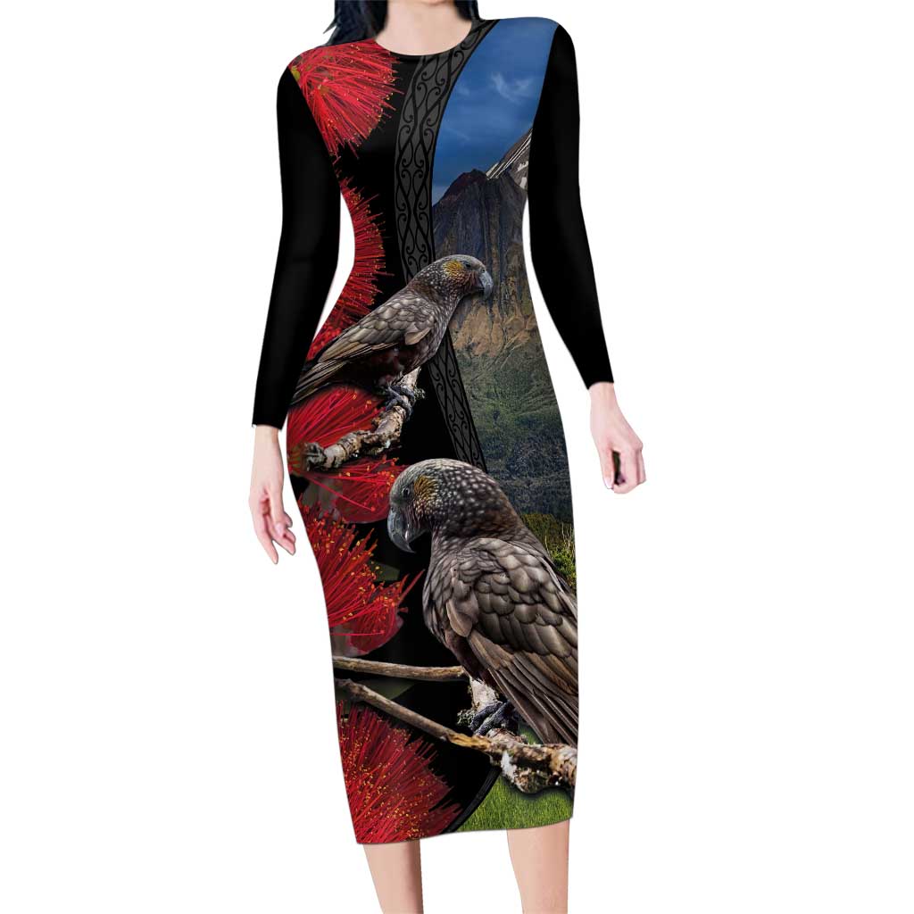 New Zealand Kea And Pohutukawa Family Matching Long Sleeve Bodycon Dress and Hawaiian Shirt With The Mountain Landscape