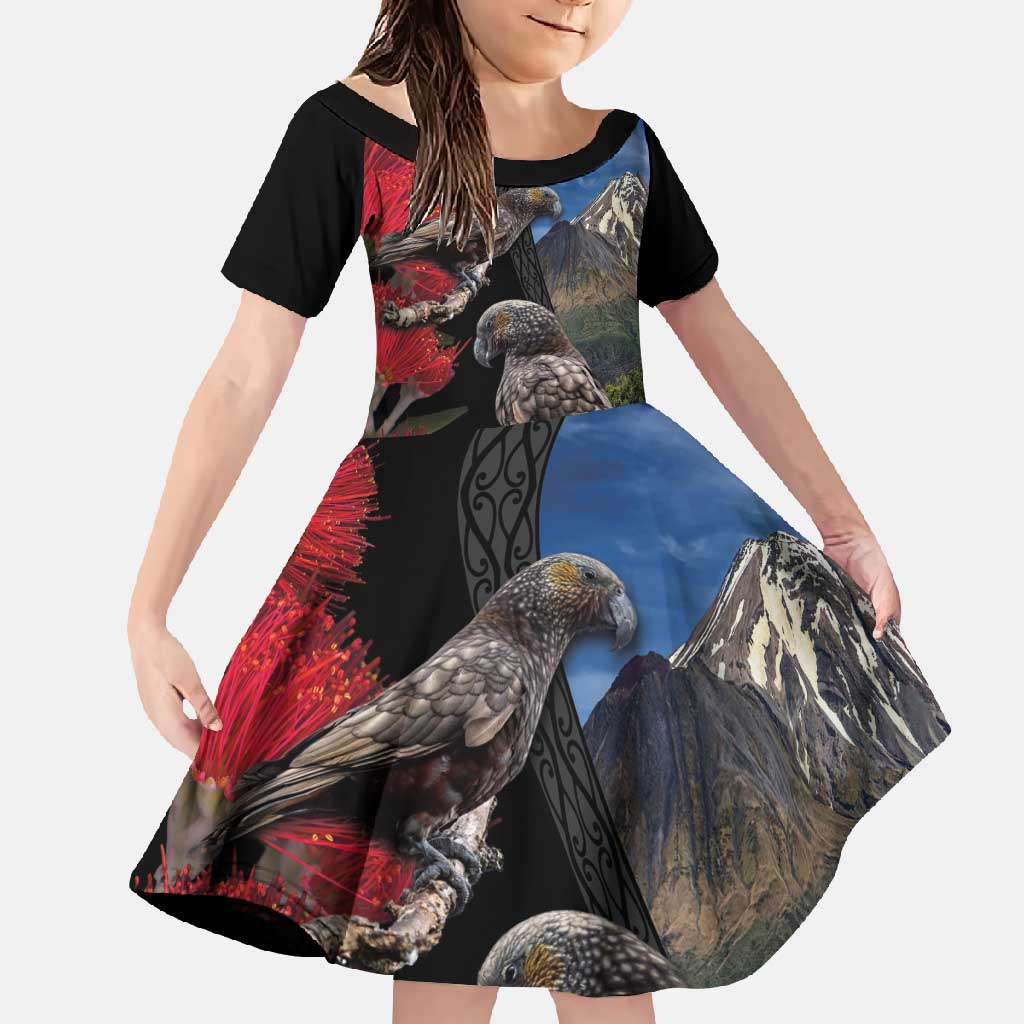 New Zealand Kea And Pohutukawa Family Matching Mermaid Dress and Hawaiian Shirt With The Mountain Landscape LT03 Daughter's Dress Black - Polynesian Pride