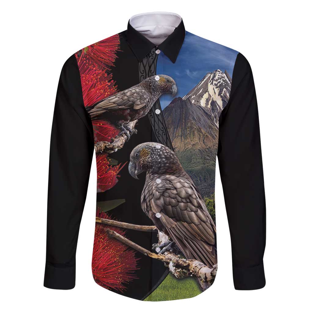 New Zealand Kea And Pohutukawa Family Matching Mermaid Dress and Hawaiian Shirt With The Mountain Landscape LT03 Dad's Shirt - Long Sleeve Black - Polynesian Pride