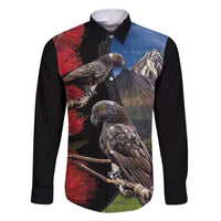 New Zealand Kea And Pohutukawa Family Matching Mermaid Dress and Hawaiian Shirt With The Mountain Landscape LT03 Dad's Shirt - Long Sleeve Black - Polynesian Pride