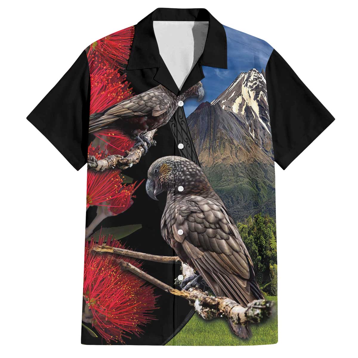New Zealand Kea And Pohutukawa Family Matching Off The Shoulder Long Sleeve Dress and Hawaiian Shirt With The Mountain Landscape