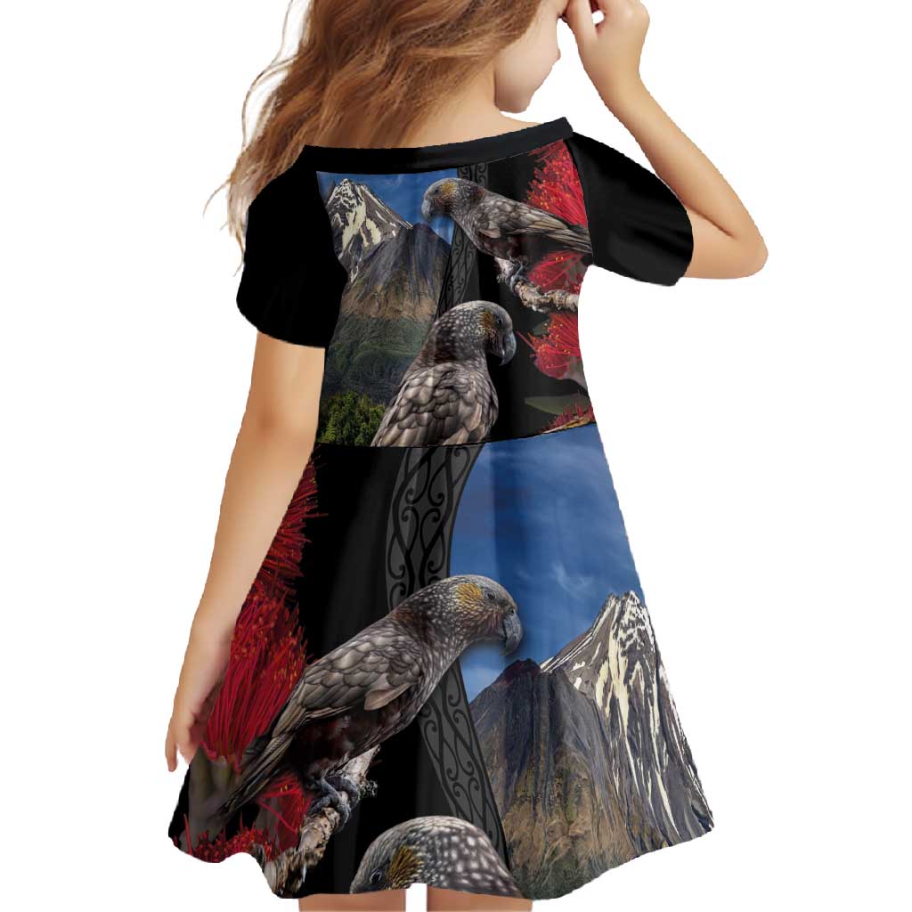 New Zealand Kea And Pohutukawa Family Matching Short Sleeve Bodycon Dress and Hawaiian Shirt With The Mountain Landscape