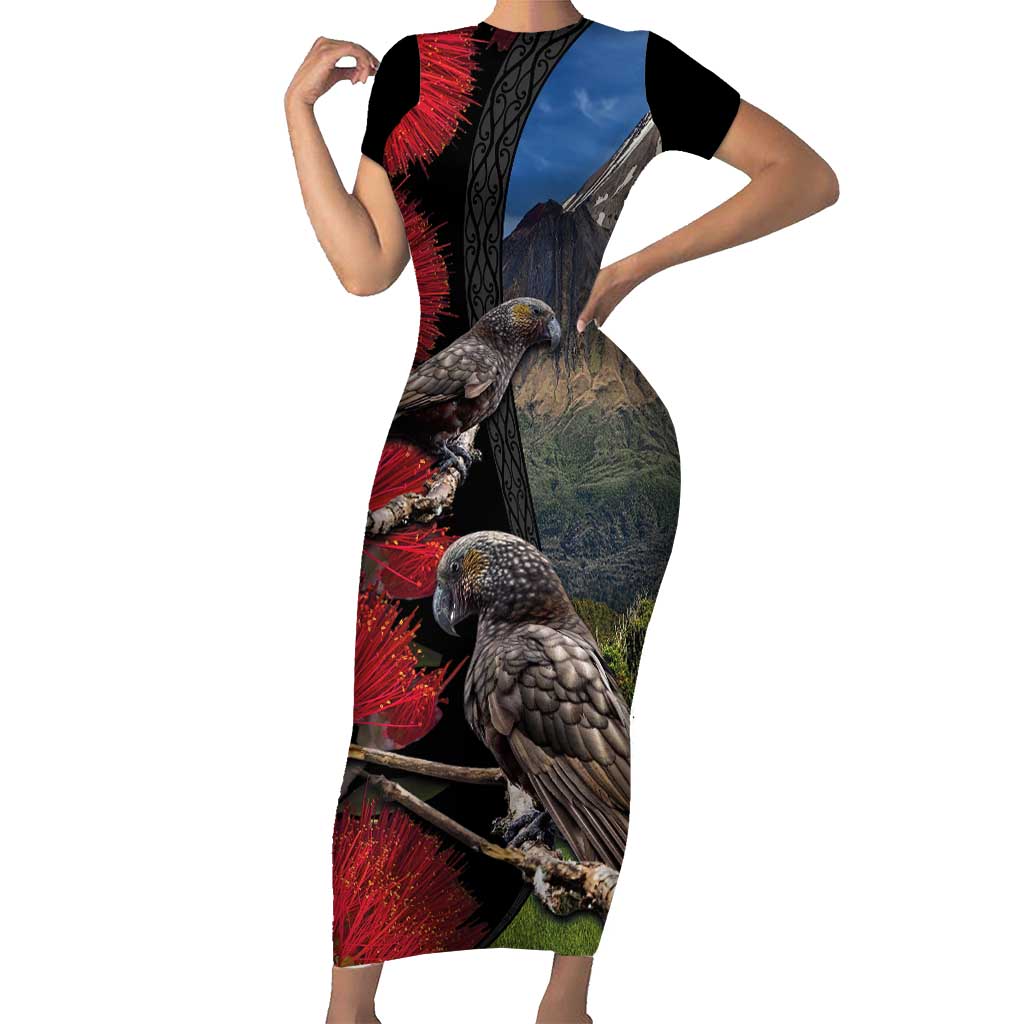 New Zealand Kea And Pohutukawa Family Matching Short Sleeve Bodycon Dress and Hawaiian Shirt With The Mountain Landscape