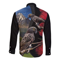 New Zealand Kea And Pohutukawa Long Sleeve Button Shirt With The Mountain Landscape