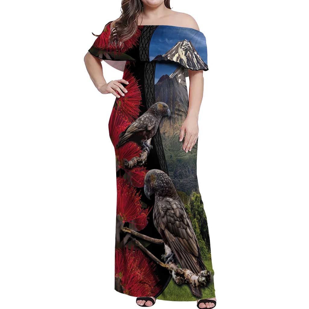 New Zealand Kea And Pohutukawa Off Shoulder Maxi Dress With The Mountain Landscape