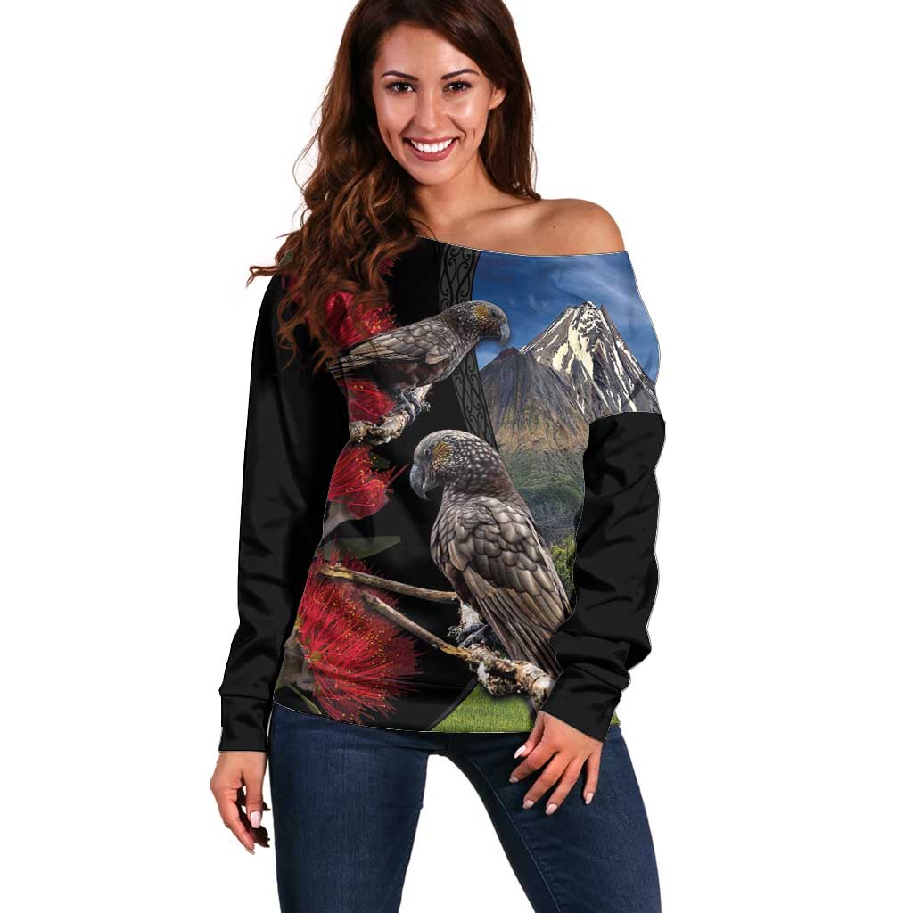 New Zealand Kea And Pohutukawa Off Shoulder Sweater With The Mountain Landscape LT03 Women Black - Polynesian Pride