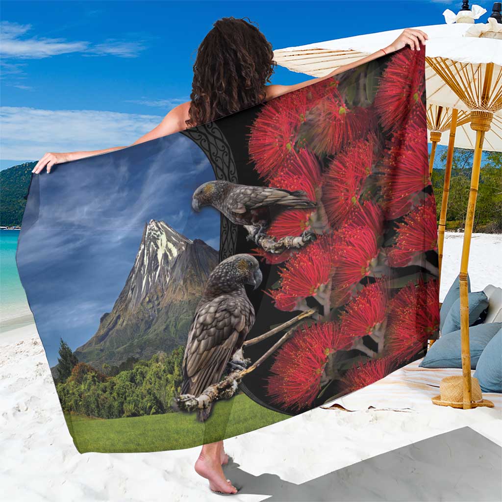 New Zealand Kea And Pohutukawa Sarong With The Mountain Landscape LT03 One Size 44 x 66 inches Black - Polynesian Pride