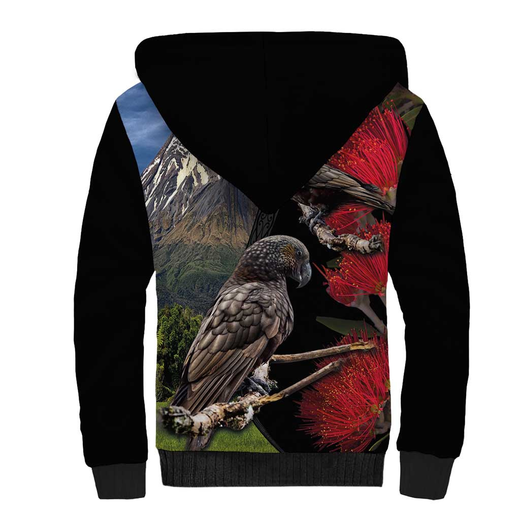 New Zealand Kea And Pohutukawa Sherpa Hoodie With The Mountain Landscape