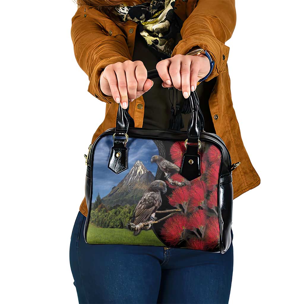 New Zealand Kea And Pohutukawa Shoulder Handbag With The Mountain Landscape LT03 One Size Black - Polynesian Pride