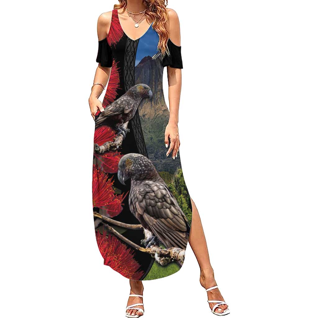 New Zealand Kea And Pohutukawa Summer Maxi Dress With The Mountain Landscape LT03 Women Black - Polynesian Pride