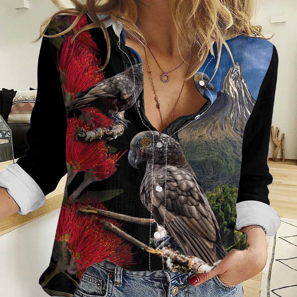 New Zealand Kea And Pohutukawa Women Casual Shirt With The Mountain Landscape
