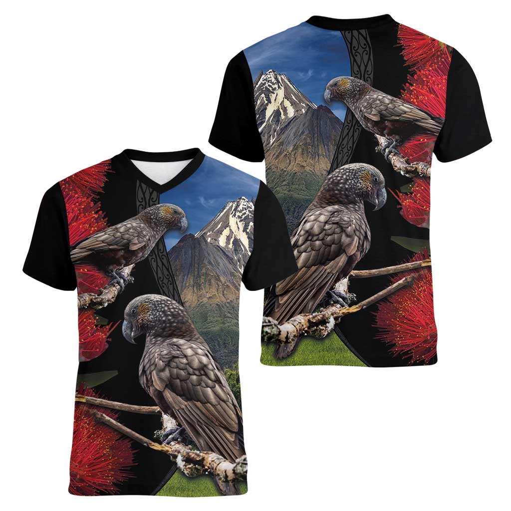 New Zealand Kea And Pohutukawa Women V-Neck T-Shirt With The Mountain Landscape