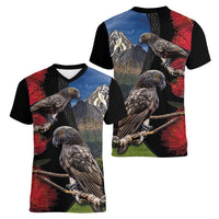 New Zealand Kea And Pohutukawa Women V-Neck T-Shirt With The Mountain Landscape