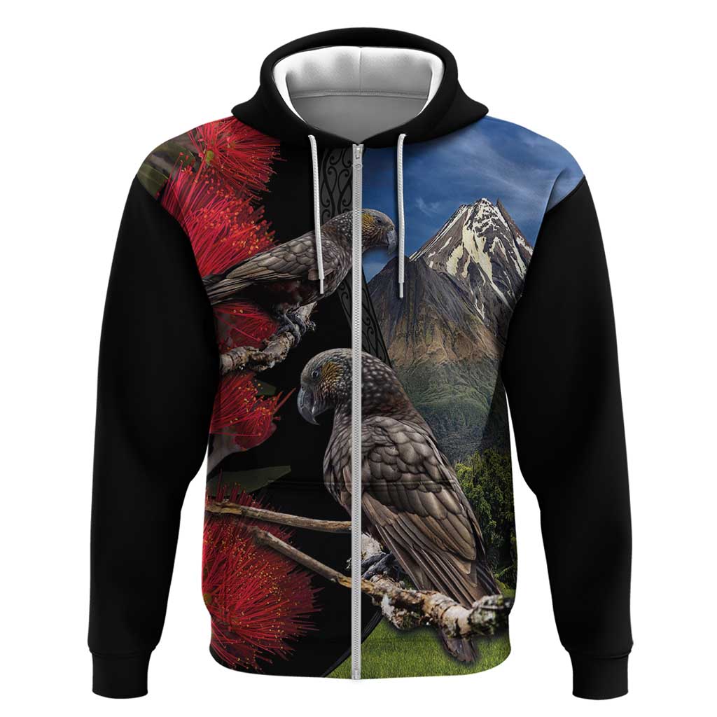 New Zealand Kea And Pohutukawa Zip Hoodie With The Mountain Landscape LT03 Zip Hoodie Black - Polynesian Pride