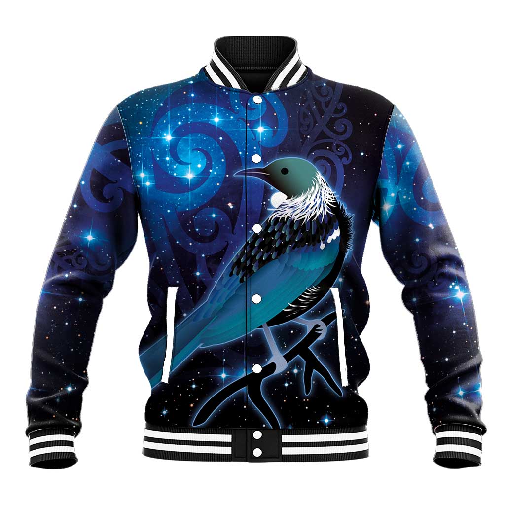 New Zealand Tui Bird Baseball Jacket The Pleiades Star Cluster and Koru Tribal Tattoo Galaxy Vibe