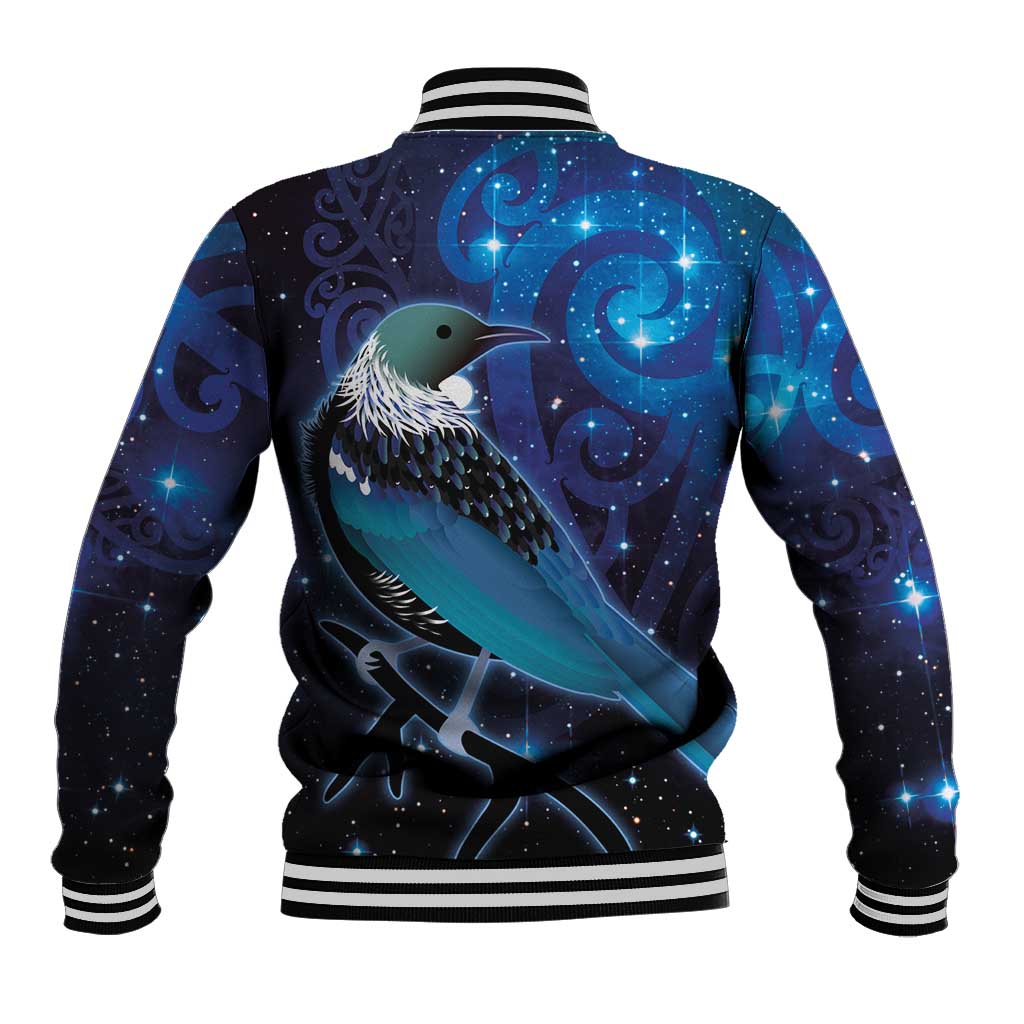 New Zealand Tui Bird Baseball Jacket The Pleiades Star Cluster and Koru Tribal Tattoo Galaxy Vibe