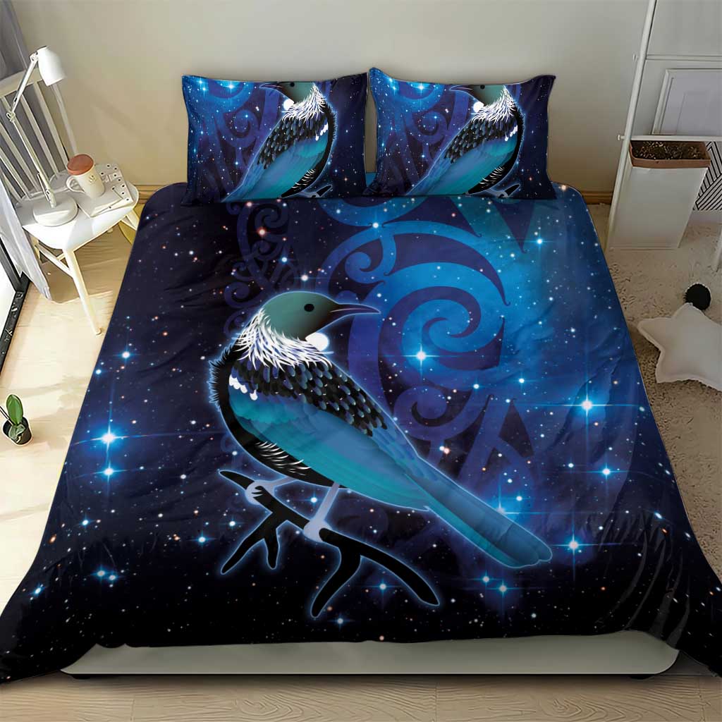 New Zealand Tui Bird Bedding Set The Pleiades Star Cluster and Koru Tribal Tattoo Galaxy Vibe